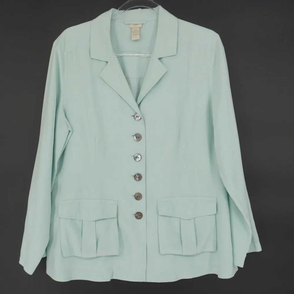 J.Jill‎ Mint Teal Button Up 100% Silk Light Weight Blazer top blouse Size 14P